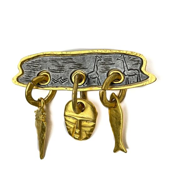 Bar Pin Brooch Gold Tone Dangle Charm Spear Head Mummy Mask Fish Textured Inset - Picture 2 of 8